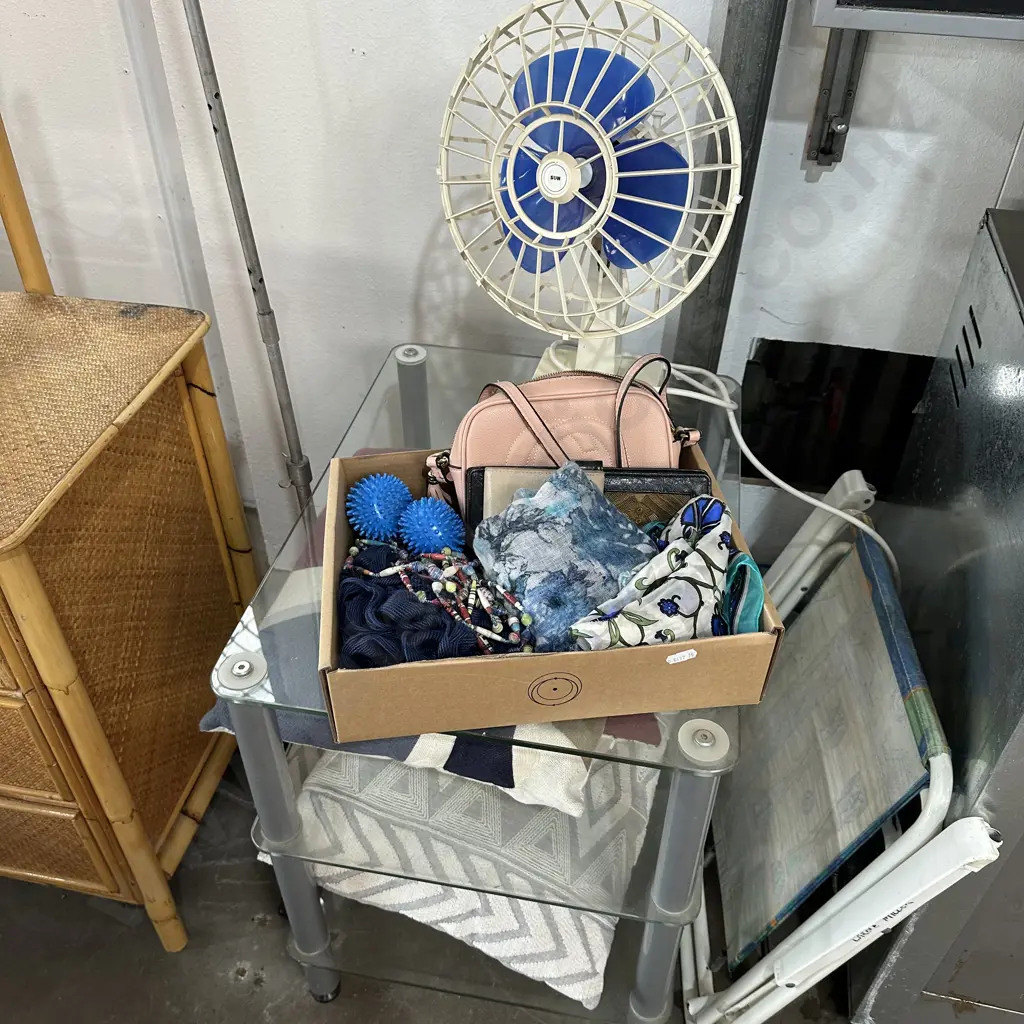 box of purses, scarfs, necklace, fan, console, cushions Image 1++