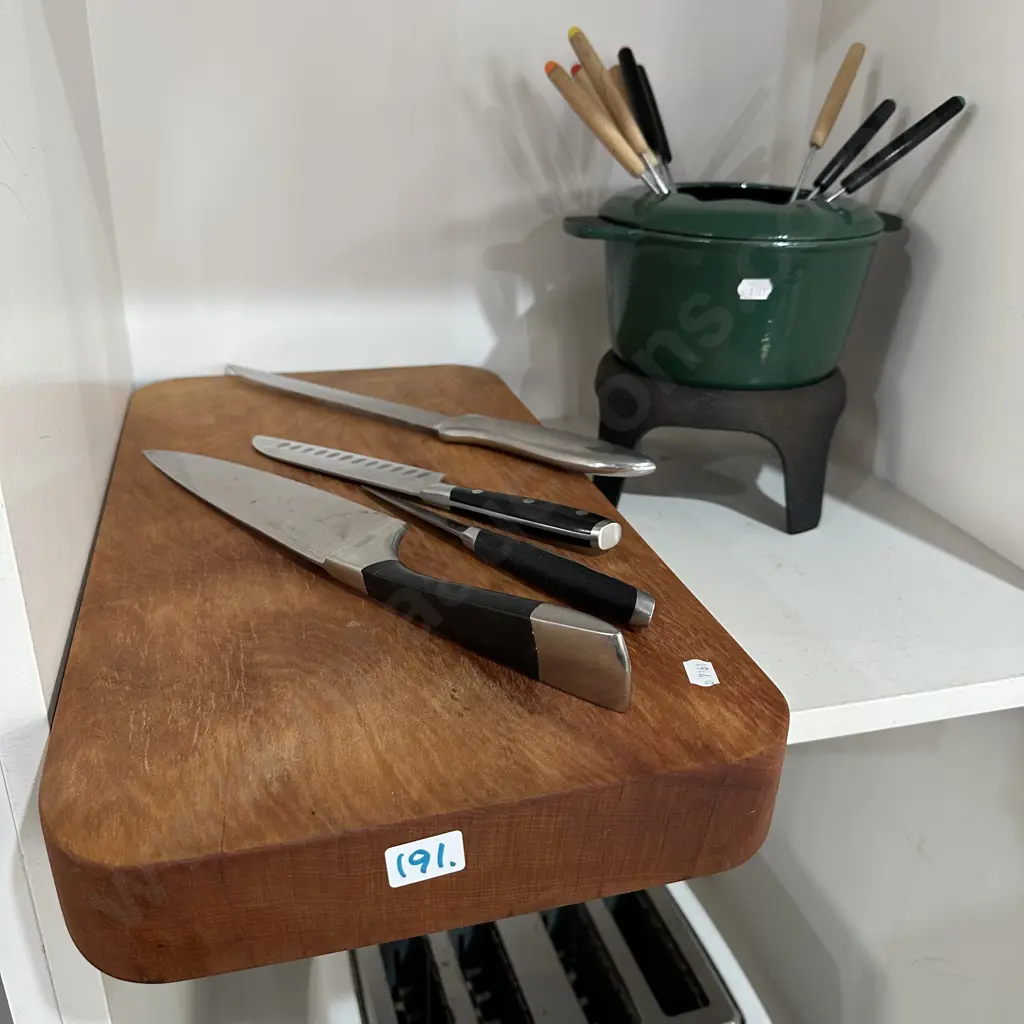 thick wooden chopping block, knives, cast fondue Image 1++