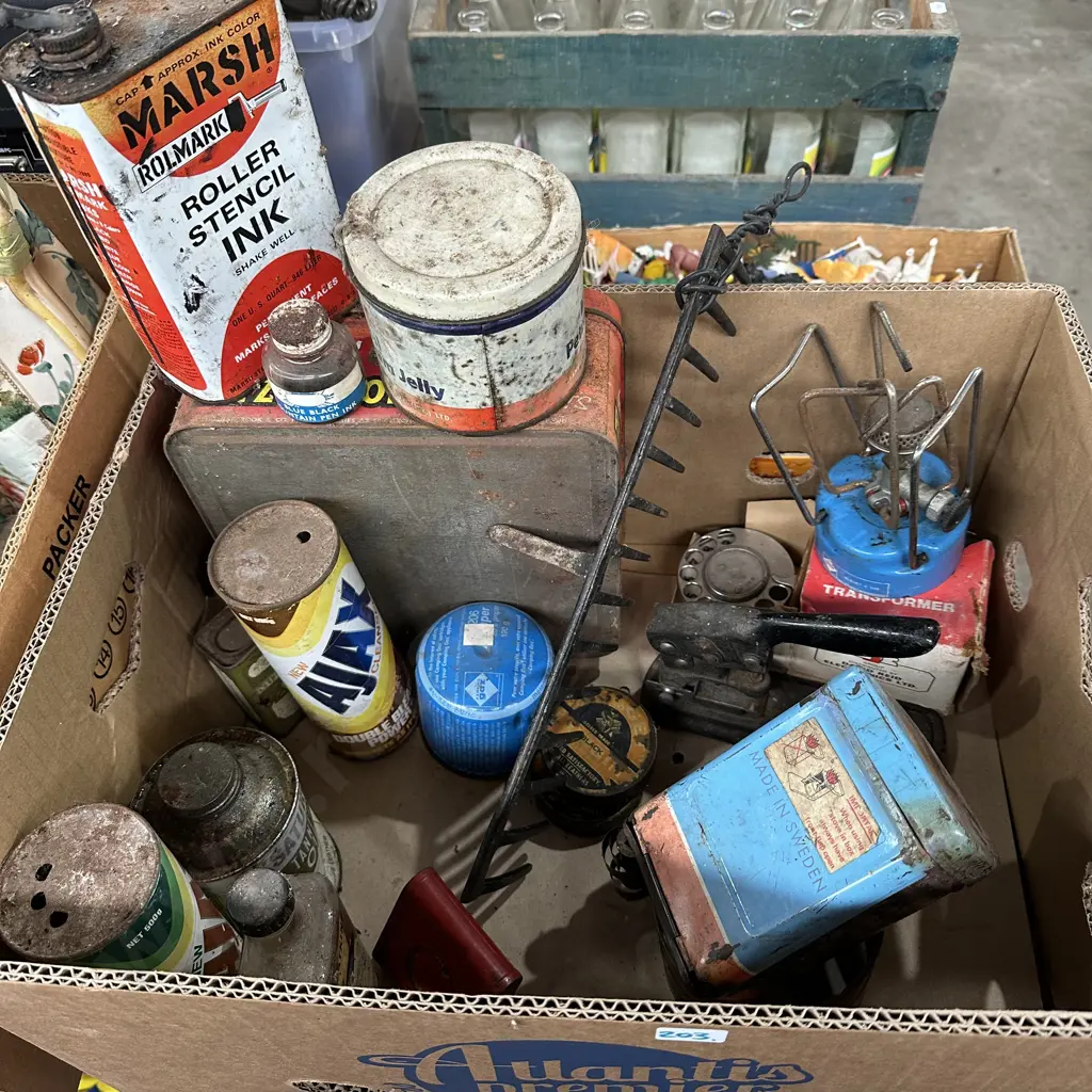 Box lot of collectables including Mobil tin and camp gas burners plus rake head etc. Image 1++