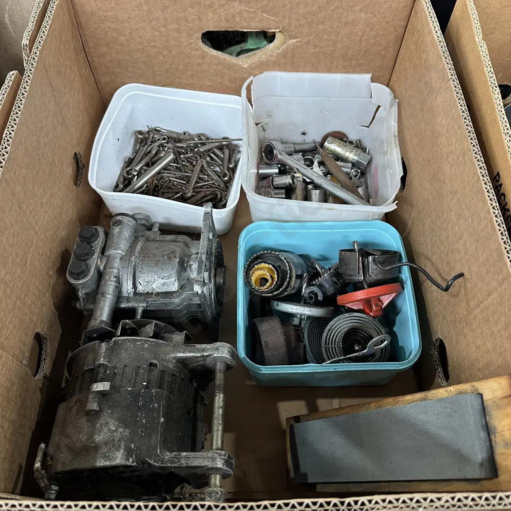 Box lot of hole saws, sockets, split pins ,sharpening stone, alternator etc. Image 1++