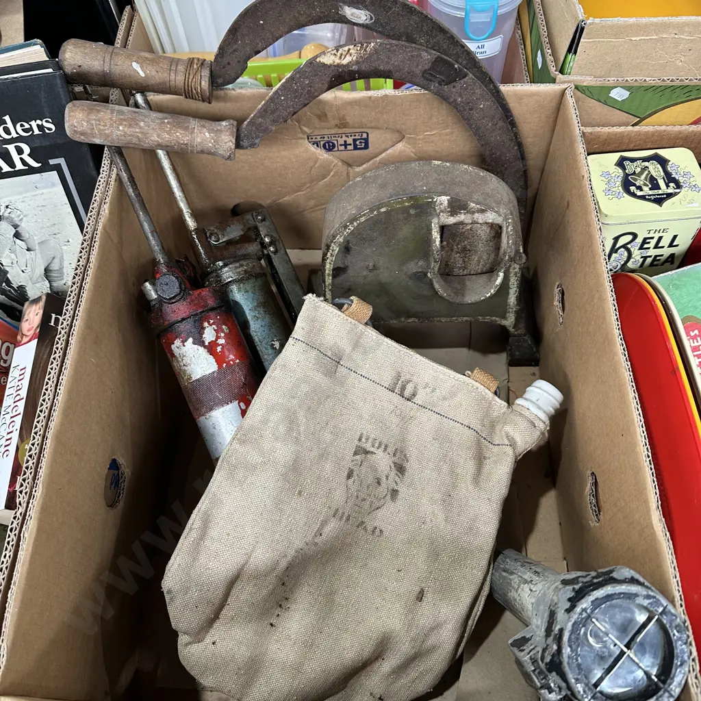 Box lot sickles, vintage cast iron slicer, grease guns etc. Image 1++