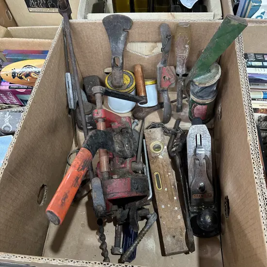 Box lot of old tools including a strapping machine, #4 Stanley plane, Marples spoke shave etc.