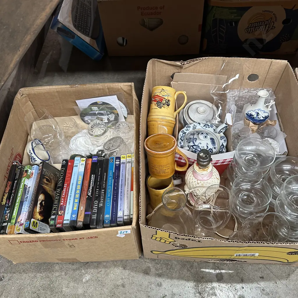 Two boxes music and movie DVDs, lamp, Spiegelau glasses etc. Image 1++