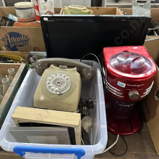 19 inch tv, slushy maker plus bin containing silverware, photo frames and vintage phone.