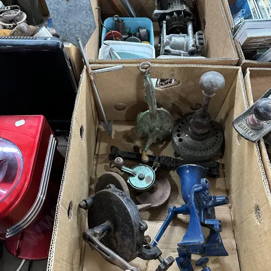 Box lot of vintage coffee grinder, hand grinders and drill bit holder etc.