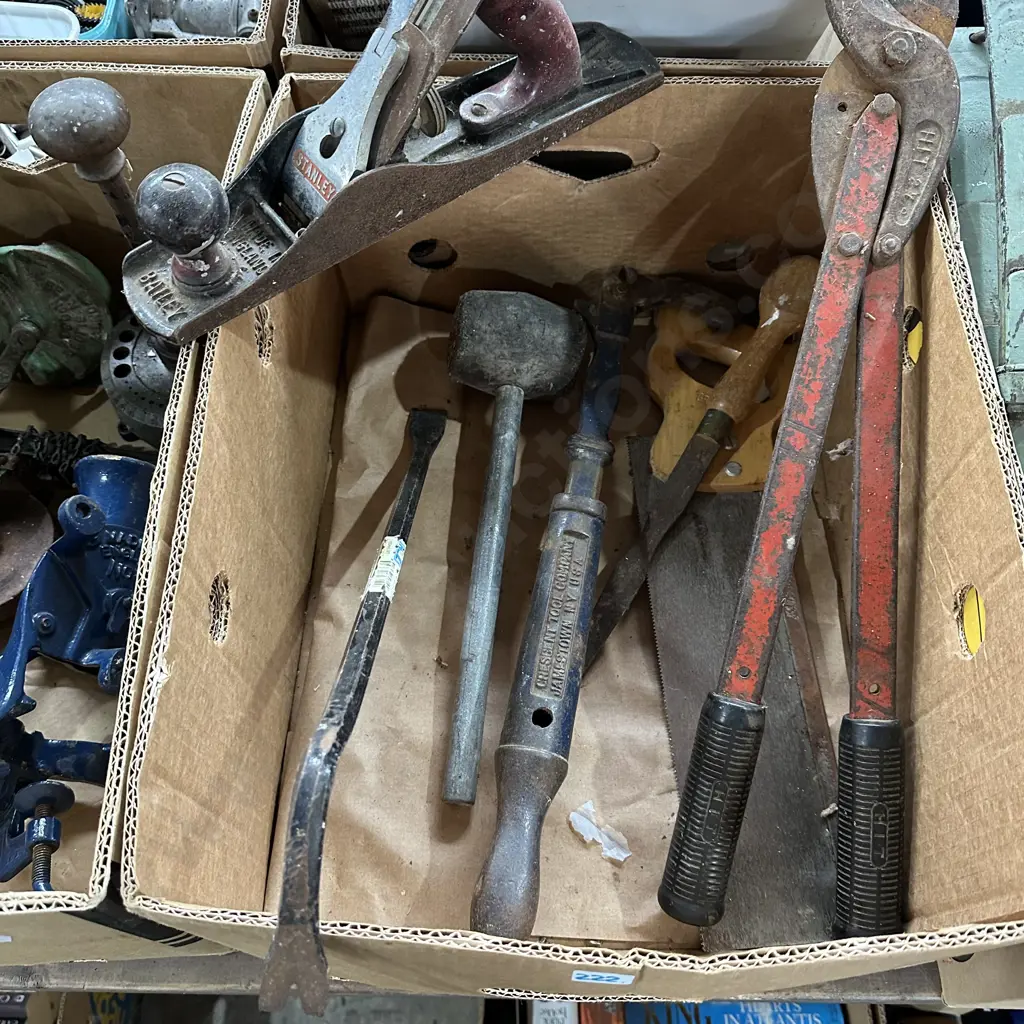 Box lot of old tools including #5 Stanley plane, cable cutters etc. Image 1++