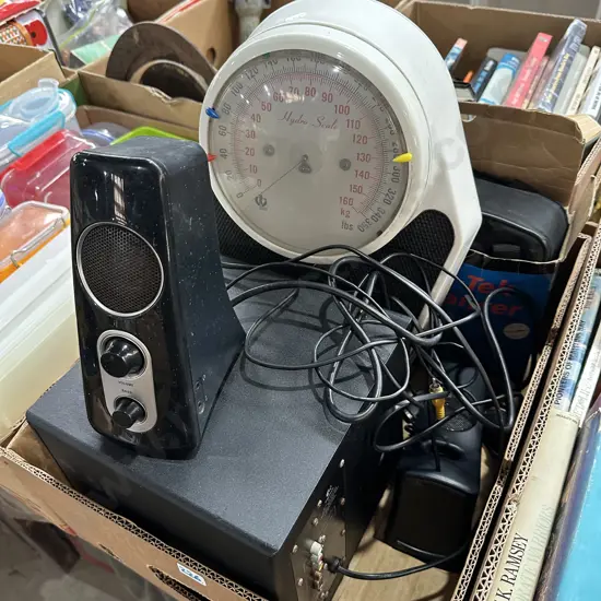 Box lot of computer speakers and scales etc.