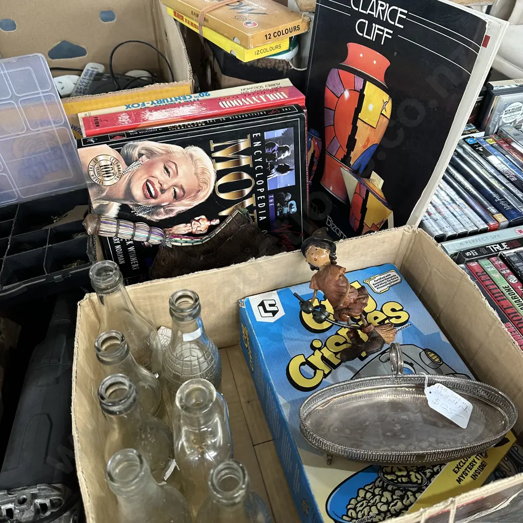 Two boxes 19th Century Sheffield plate, books plus collectable bottles and Crispies box etc. Image 1++