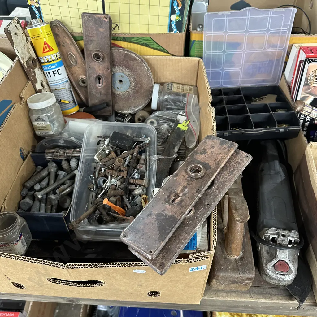 Box lot grinder, plane, hardware including galvanised bolts and nails, hinges etc. Image 1++