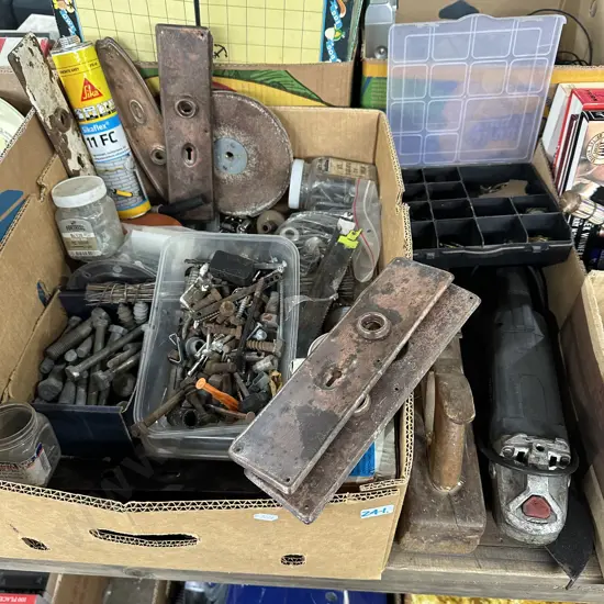 Box lot grinder, plane, hardware including galvanised bolts and nails, hinges etc.