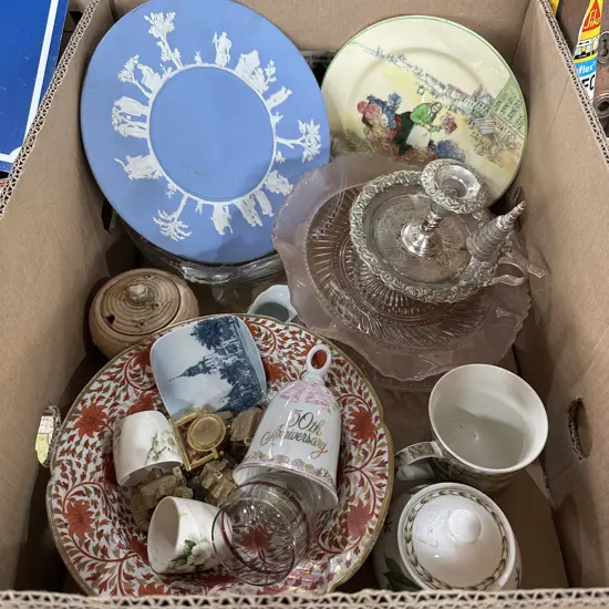 Box lot of collectables including wedgewood, cake stand etc.