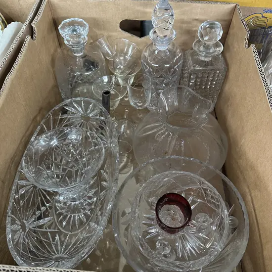 Box lot of decanters, bowls and vases etc.