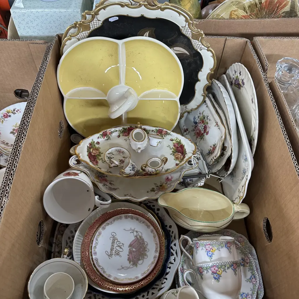 Box lot of collectable china including Royal Albert old country roses and clarice cliff etc. Image 1++