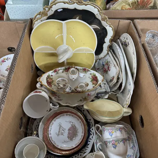 Box lot of collectable china including Royal Albert old country roses and clarice cliff etc.