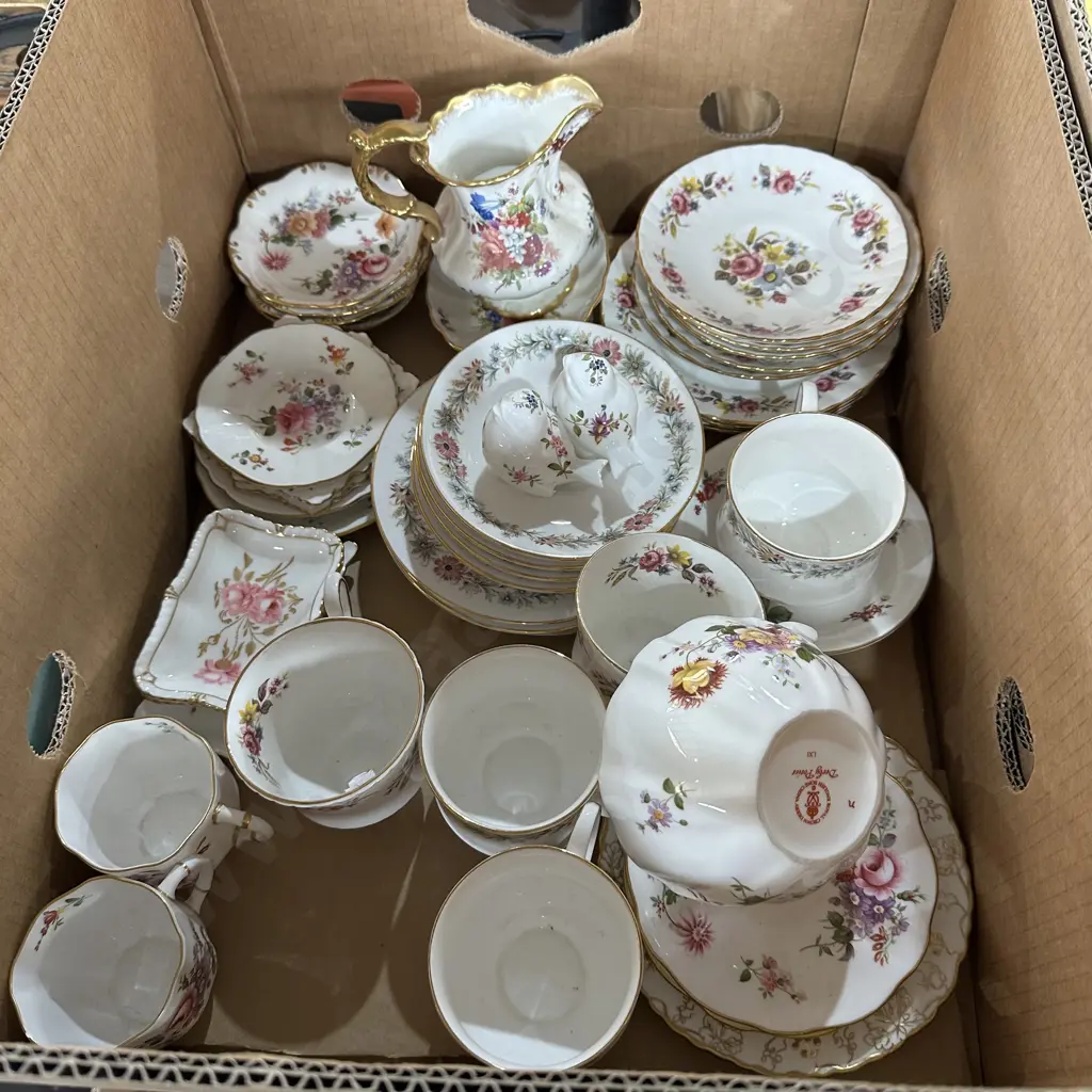Box of mixed english china including Crown derby posies etc. Image 1++