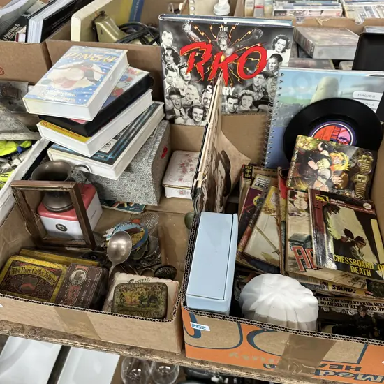 Two boxes books, comics, silverware, tins, videos etc.