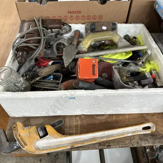 Box lot electric drill, concrete tools, plumbing fittings and tools, screws, hi-vis etc.