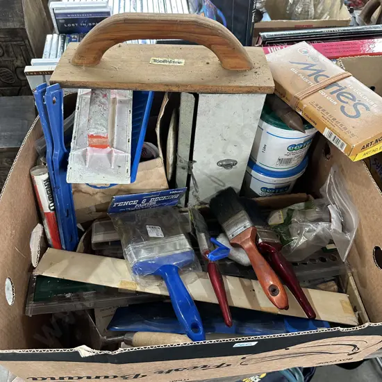 Box lot paints and stationary plus tool box etc.