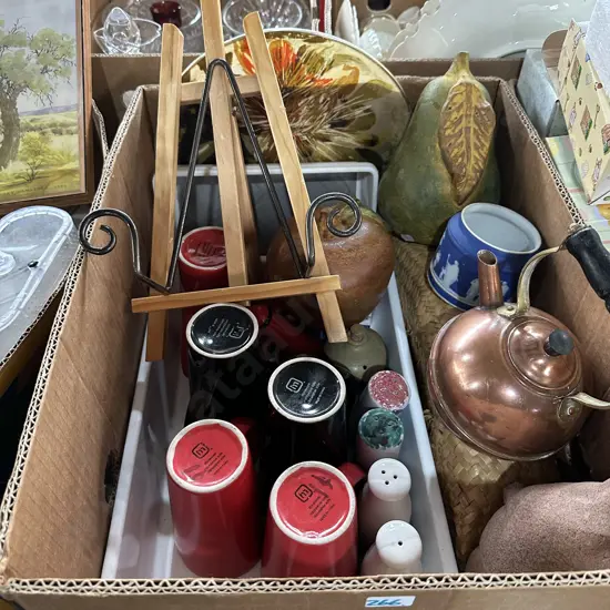Box lot easel, copper tea pot, wedgewood etc.