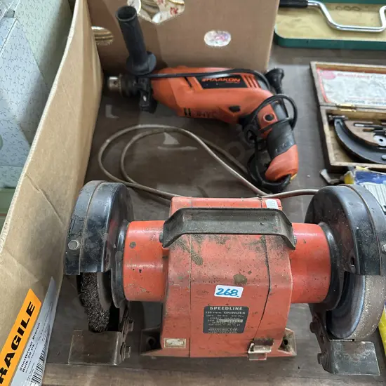 Bench grinder and power drill.