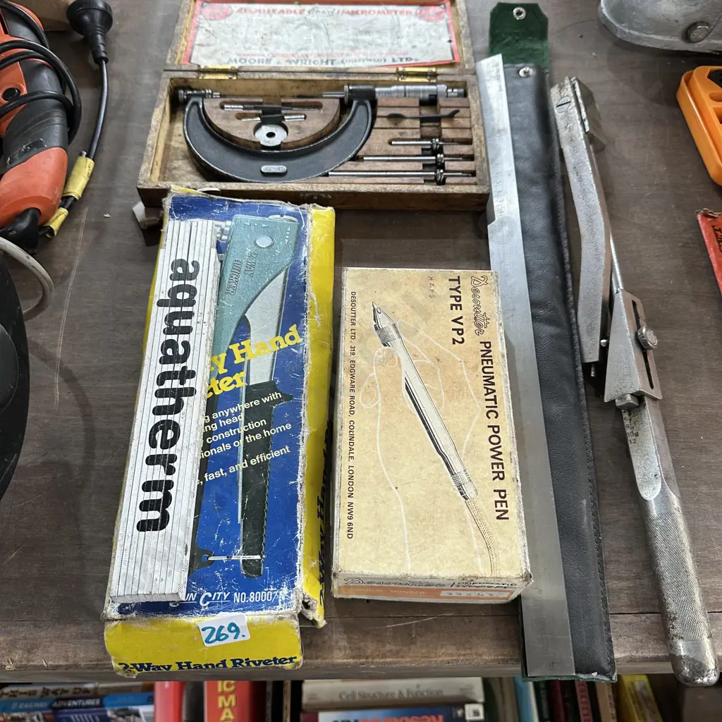 Boxed micrometer, Pneumatic power pen, torque wrench, riveter, rulers. Image 1++