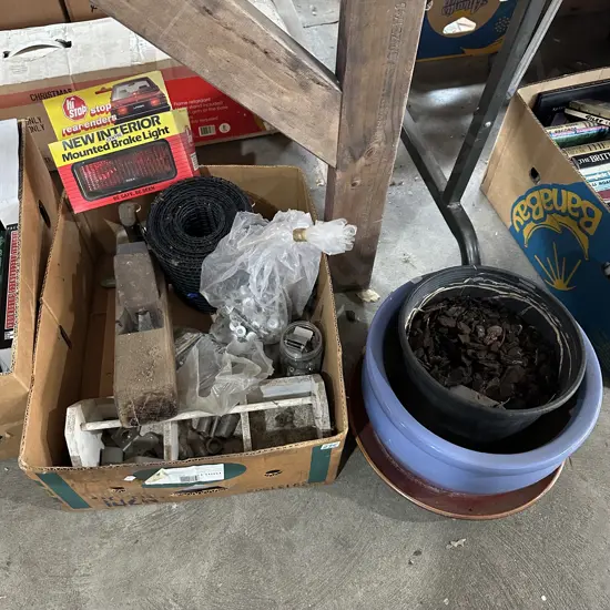Box lot wood plane, galvanized nails, builders line and planters etc.