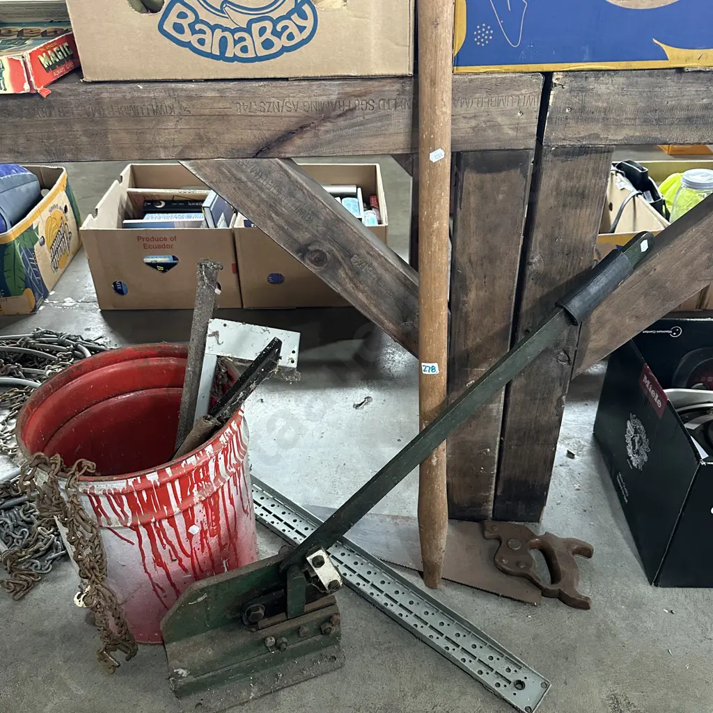 metal bin with chains, large cold chisel, shearing machine etc. Image 1++