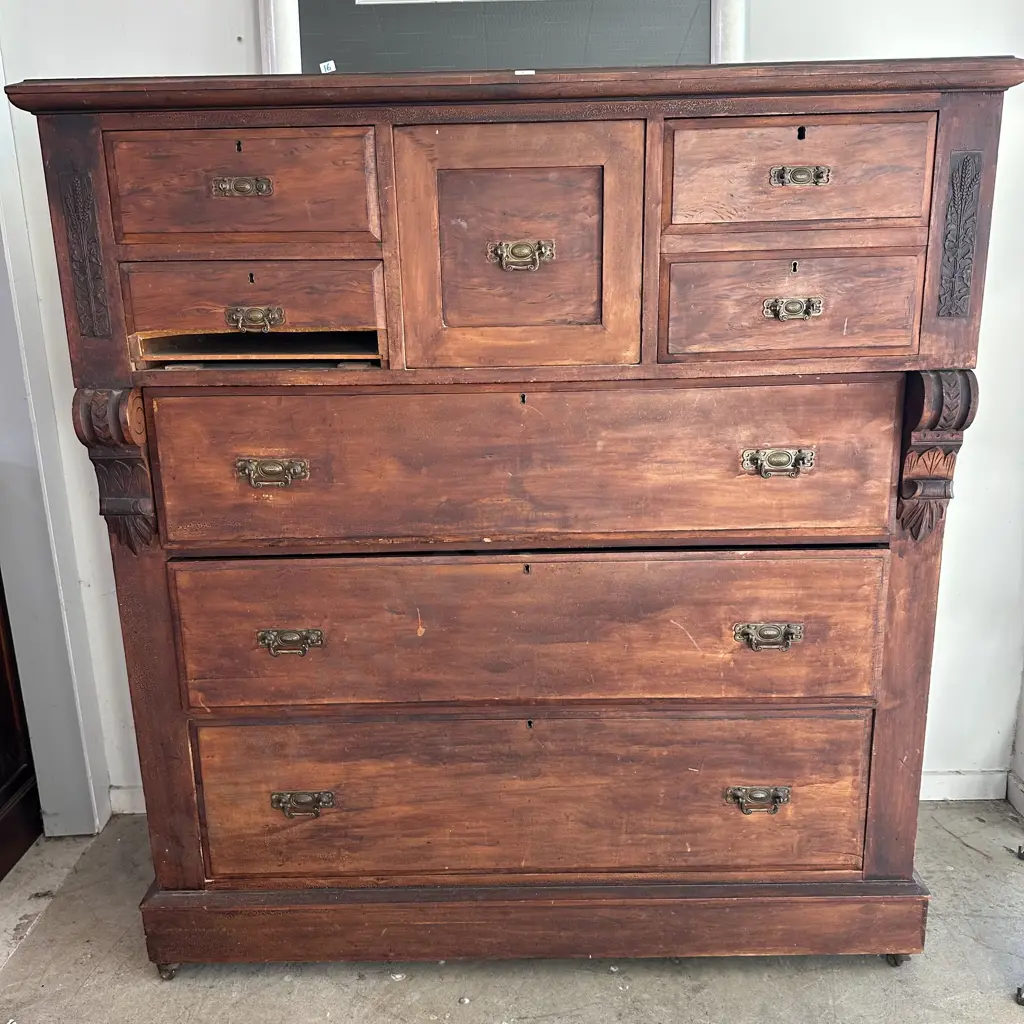 Restorers colonial Scotch Chest with Burr Kauri & Art Nouveau detail & damaged drawer Image 1++