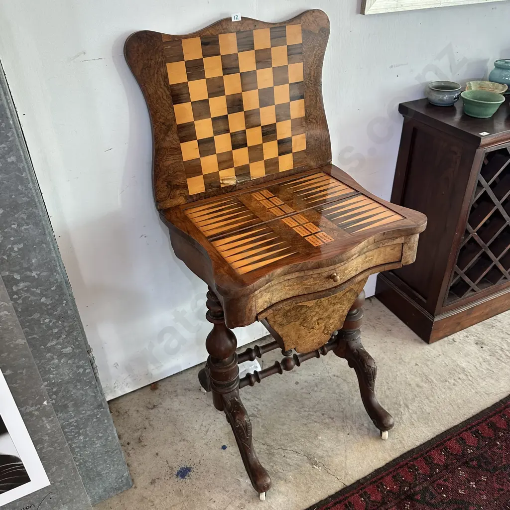 Antique sewing/games table- some water damage Image 1++