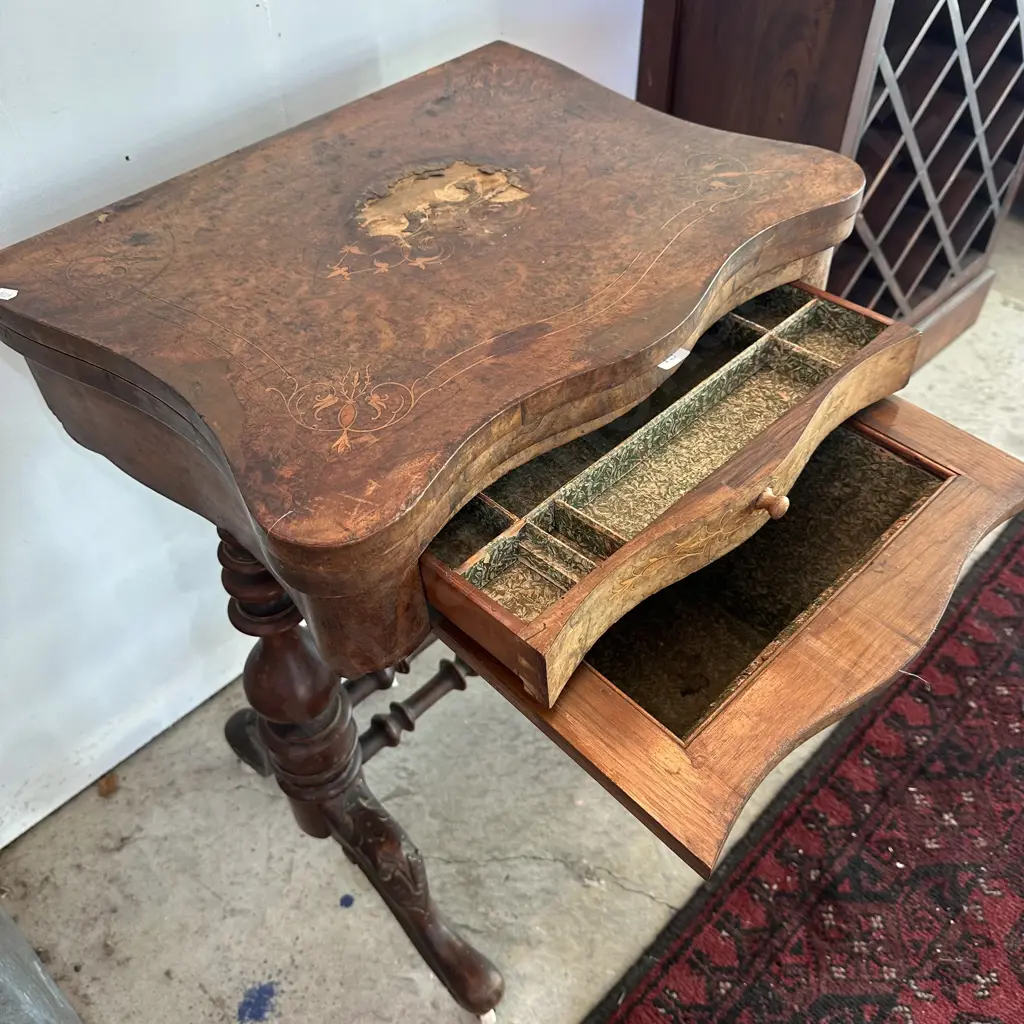 Antique sewing/games table- some water damage Image 1++
