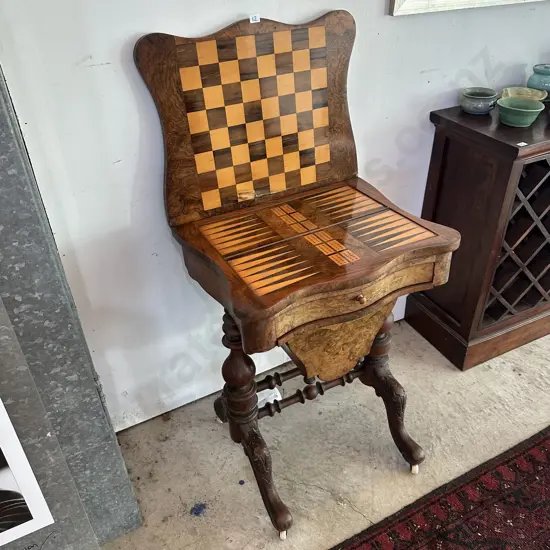 Antique sewing/games table- some water damage
