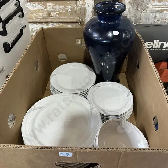 large blue glass vase and part dinner set