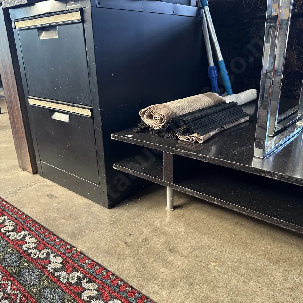 Two drawer file cabinet, placemats, duster and window cleaner on telescopic pole. Image 1++