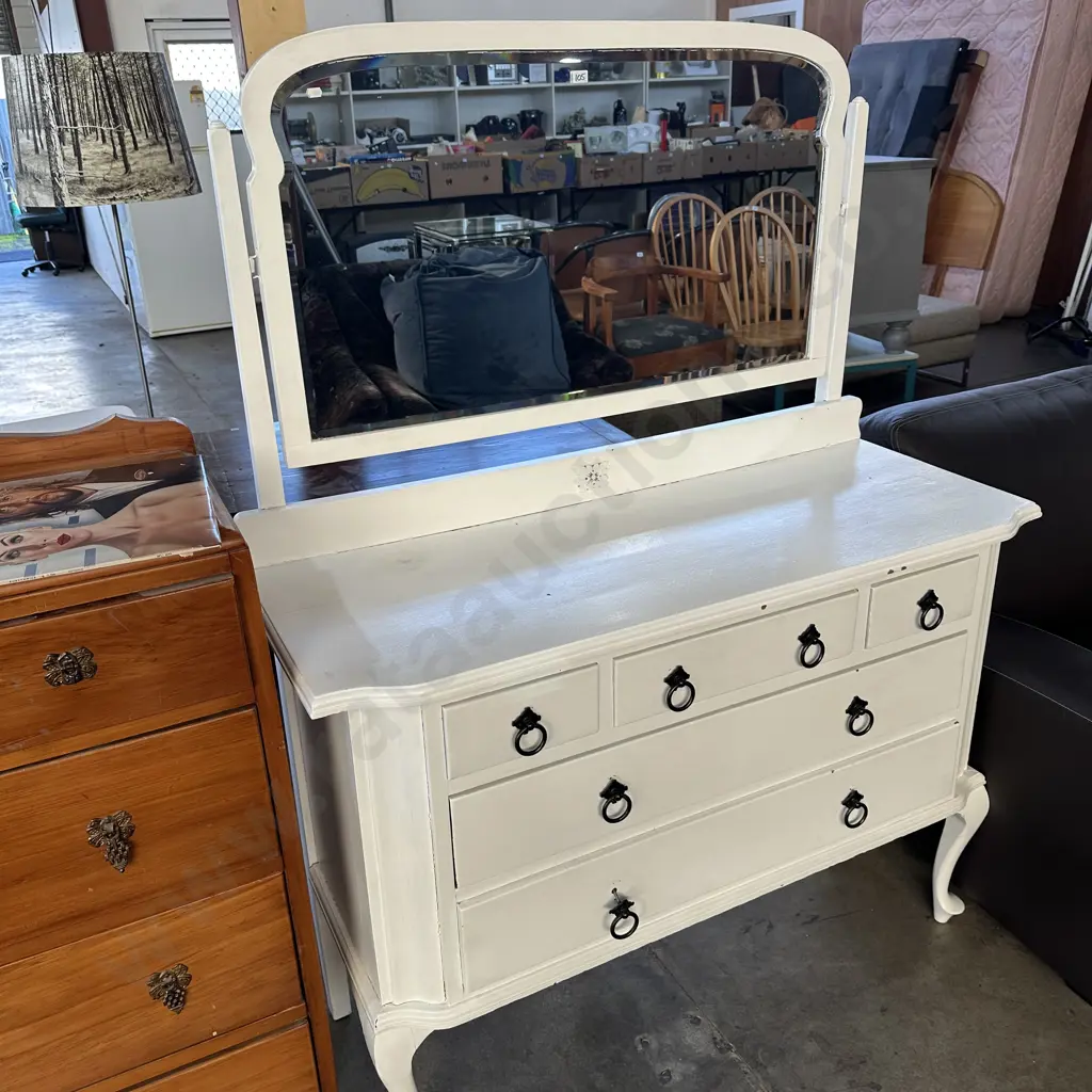 White painted dressing table with black ring-pull handles which are loose. Image 1++
