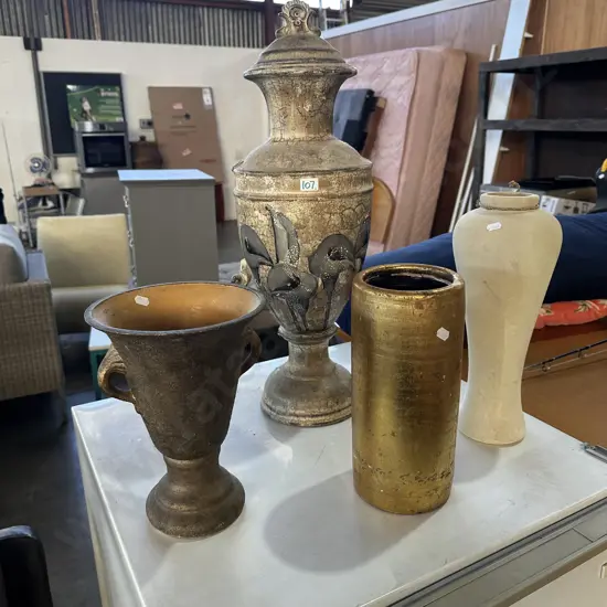 Antique style lidded urn plus trophy vase and two others.