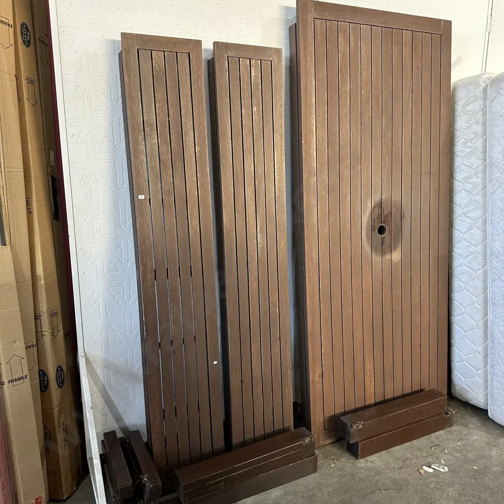 solid wooden Outdoor table and pair bench seats. legs to be reassembled.-Carus Collection Image 1++
