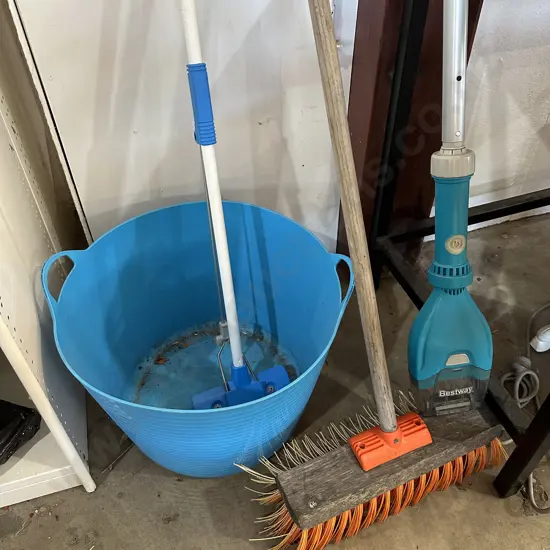 Bin, broom, mop plus Bestway Aqua Tech Cordless Pool Vacuum.