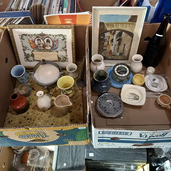 Two boxes of early crown lynn, early Tui beer bottle, water colour and silverware.