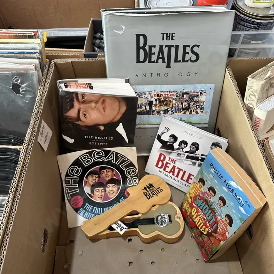 Box lot of The Beatles books and memorabilia.
