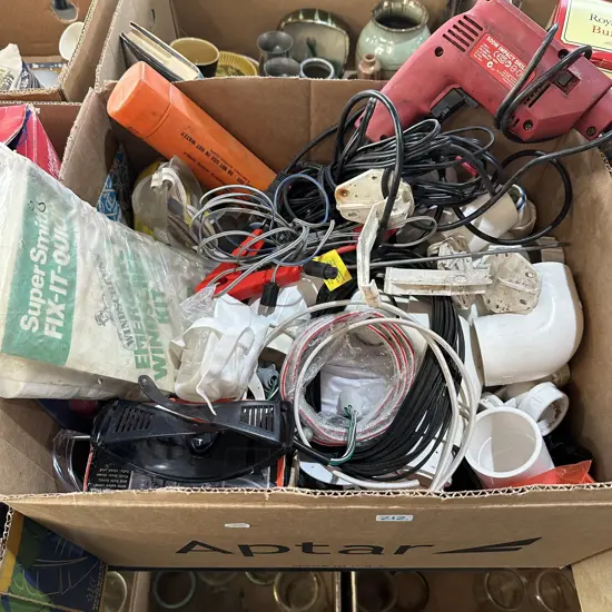 Box lot cables and plumbing gear plus electric drill etc.