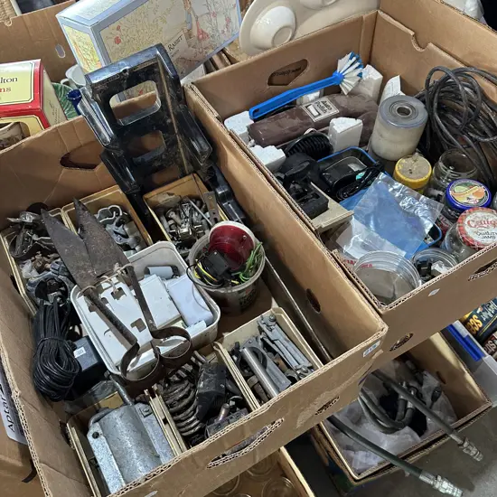 Two boxes hardware, mitre box, shears etc.