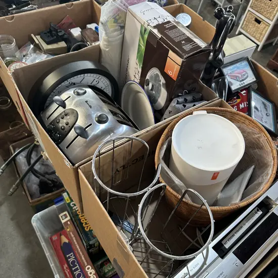 Two boxes VCR, four slice toaster, non-stick egg poacher, basket etc.