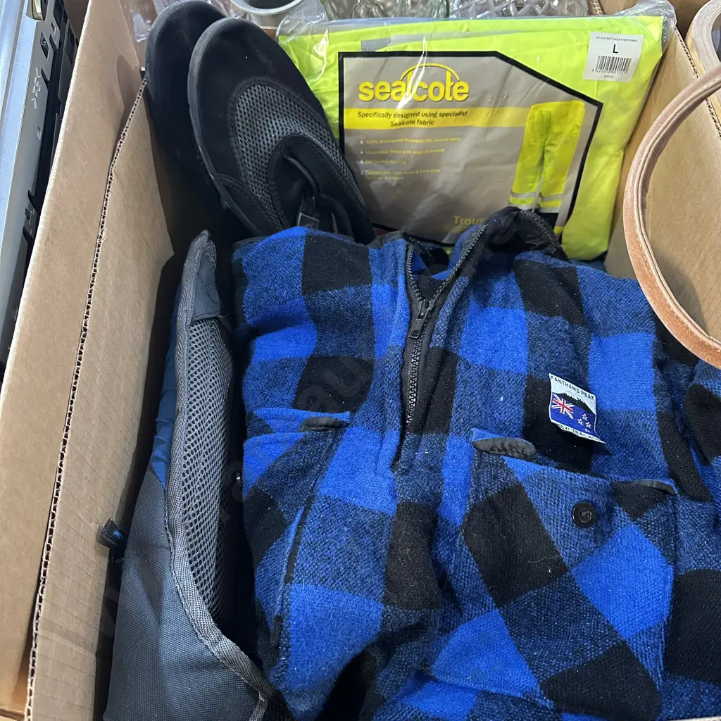 Box lot overalls, new hi-viz wet weather pants, Fanthams Peak jacket etc. Image 1++