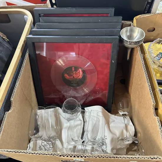 Box lot pictures and wine glasses etc.