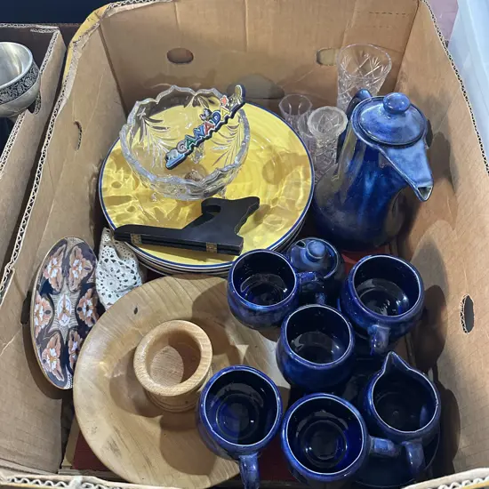 Box lot plates, crystal, coffee set etc.