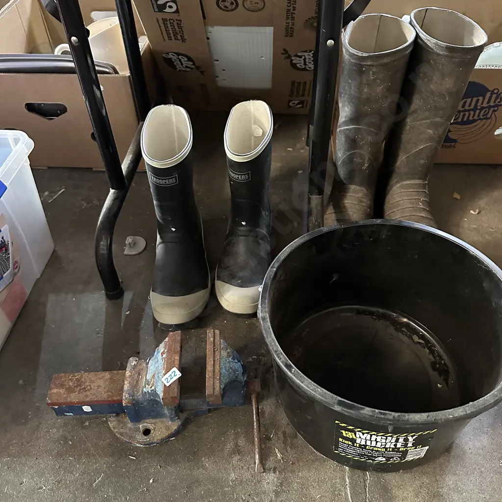 Vice, bucket, two sets of gumboots. Image 1++