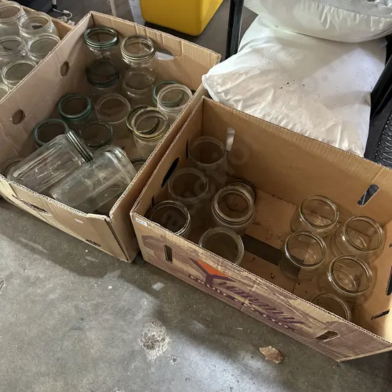 Two boxes of preserving jars including 5 large and 5 small Agee jars.