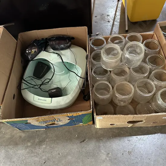 Box of preserving jars, twelve are Agee jars plus foot spa and clock/radios etc.