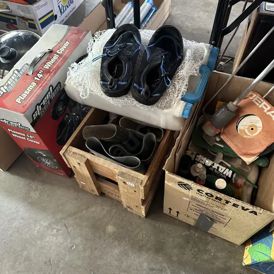Bay lot net, dive shoes, gumboots, gardening and car care, new wheel covers etc.