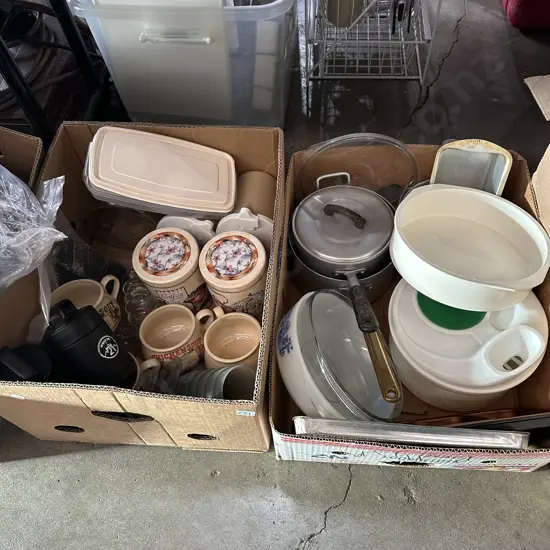 Two boxes pots, soup bowls, casserole dishes, cookie jar etc.